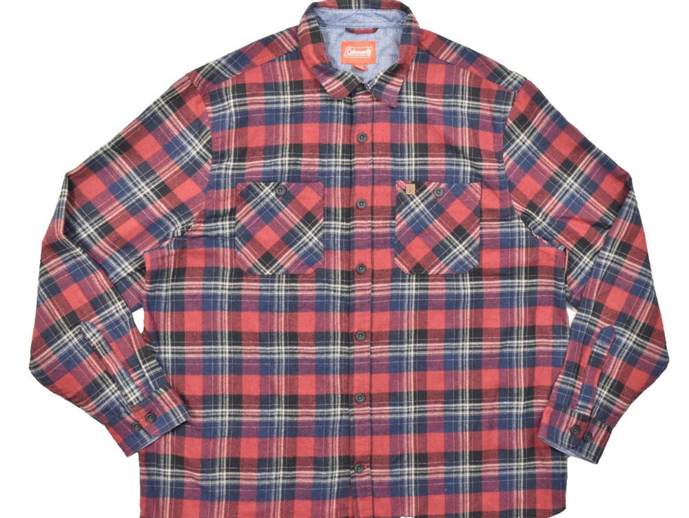 Coleman Men's XXL Red Blue Plaid Flannel Long Sleeve Button Down Shirt 100% Cott
